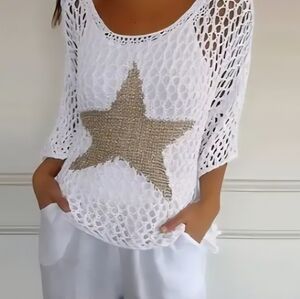 Gold Star White Crochet Pullover Top by